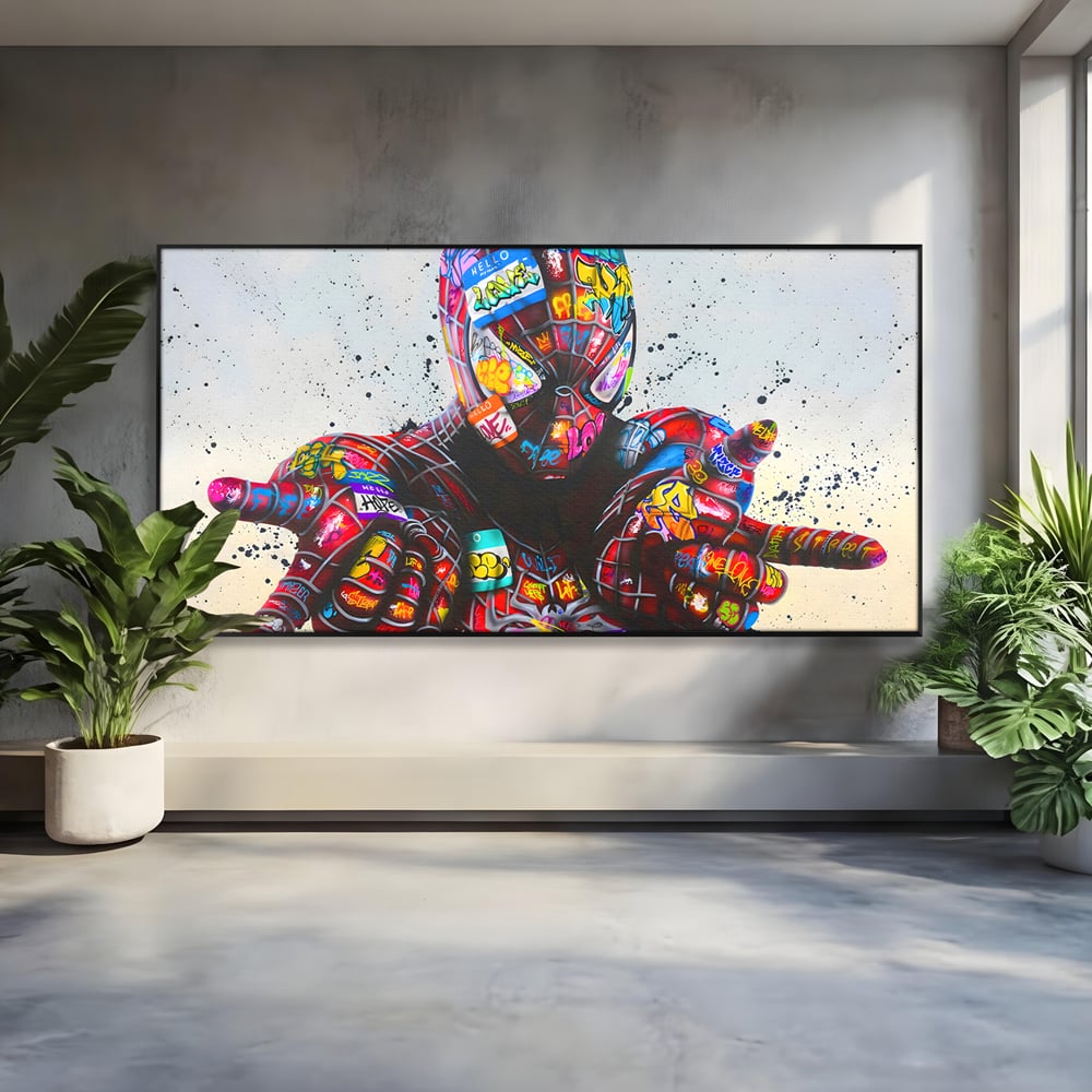 Tablou canvas cu tablou canvas cu omul paianjen in stil grafitti, in rama de aluminiu negru